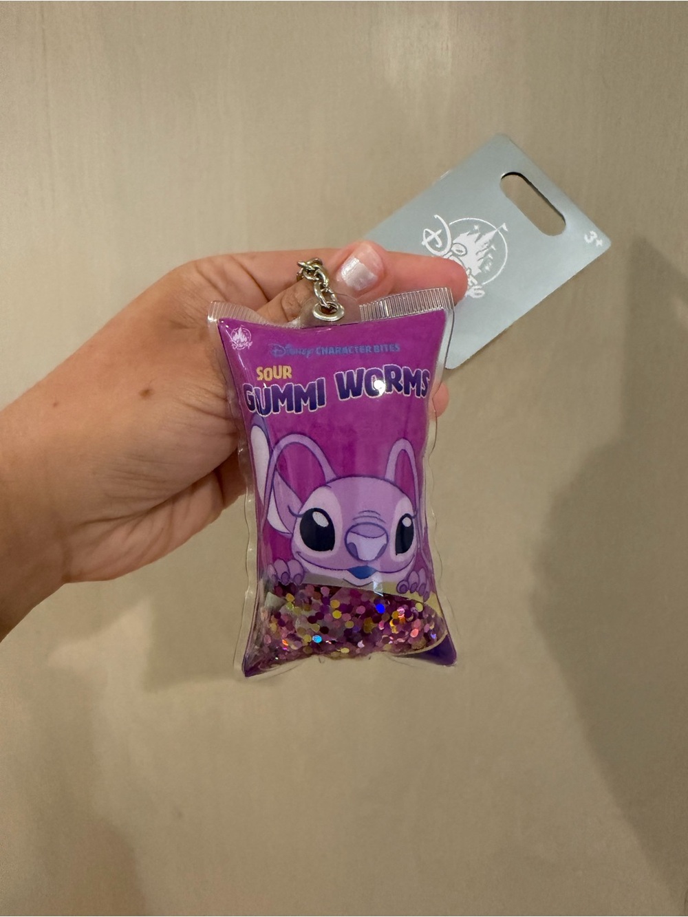 Disney Stitch Glitter Gummi Worms Keychain - Purple with Gold Chain
